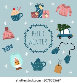Cute winter set. Vector knitted sweater, car, Christmas tree, mittens, tea pot, snow globe, candy, hat, cappuccino cup, presents, white snowflakes. 