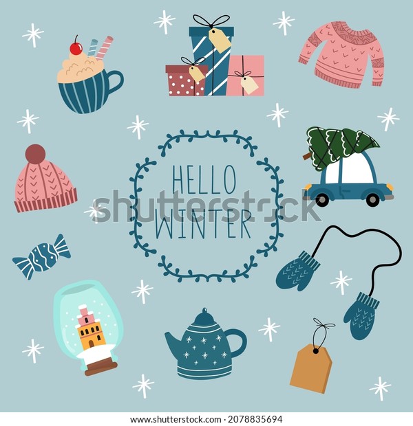 Cute winter set. Vector knitted sweater,\
car, Christmas tree, mittens, tea pot, snow globe, candy, hat,\
cappuccino cup, presents, white snowflakes.\
