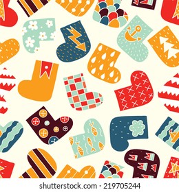 Cute winter shoes. Endless texture can be used for printing onto fabric, web page background and paper or invitation.  White, blue, red and yellow colors.