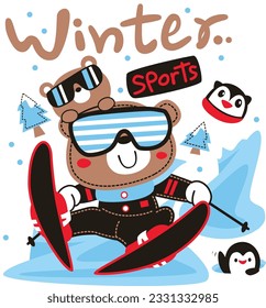 cute winter Ski Bear with penguin