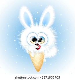 Cute winter smiling and licking lips little rabbit in ice cream cone under winter snowfall