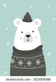 Cute winter smiling white bear with snowflakes. Cartoon zoo. Vector illustration. Animal for the design of children products in scandinavian style.
