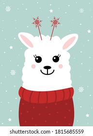 Cute winter smiling white llama with snowflakes. Cartoon zoo. Vector illustration. Animal for the design of children products in scandinavian style.
