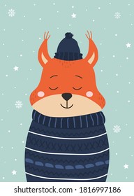 Schneeflocken, weißes Eichhörnchen mit Schneeflocken. Cartoon Zoo. Vektorgrafik. Tier für die Gestaltung von Kinderprodukten im skandinavischen Stil.