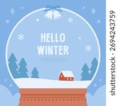 Cute Winter Snow Globe Illustration with Pine Trees and Small House. Cartoon style flat vector web banner. 