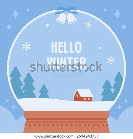 Cute Winter Snow Globe Illustration with Pine Trees and Small House. Cartoon style flat vector web banner. 