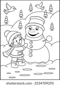 Cute Winter Snowman and Child Coloring Page for Kids.