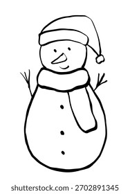 Lindo muñeco de nieve de invierno con sombrero y bufanda en estilo de boceto caprichoso