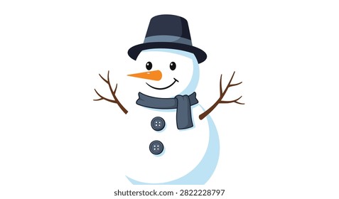 Cute winter snowman wearing a dark grey top hat and scarf, with branch arms and coal buttons, isolated on white.