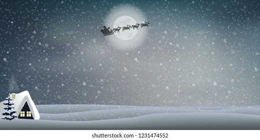 Cute winter snowy night landscape with little house, fir tree under moon light, santa claus riding sledge. Vector rectangle banner, poster, christmas, new year greeting card template with copy space.