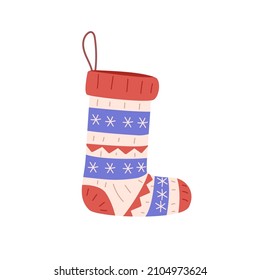 Cute winter sock for Christmas holiday. Wool knitted stocking with festive pattern, ornament. Warm woolen Xmas foot clothes with loop. Flat vector illustration isolated on white background