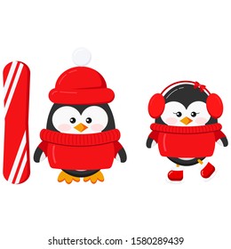 Cute winter sport penguin boy and girl couple set isolated on white background -  baby penguin in red sweaters, hats boy with snowboard and ice skating girl. Flat design vector character illustration.