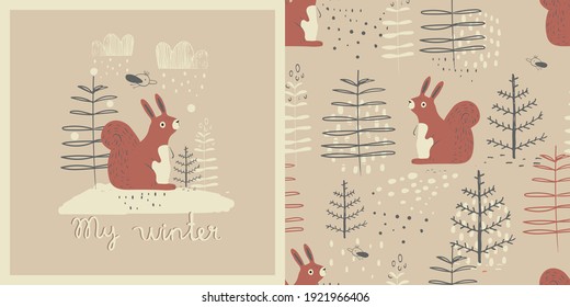 Cute winter squirrel. Set. Forest seamless pattern with squirrel. Hand drawn vector illustration. For kids fabric, wrapping, textile, wallpaper, apparel. Vector illustration