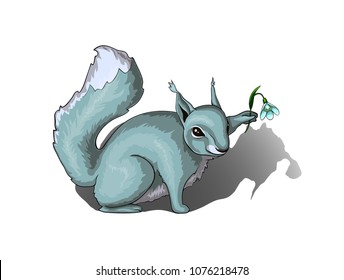 Cute winter squirrel with a snowdrop in its hand, isolated on white background.