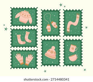 Linda colección de sello de invierno con suéteres acogedores, mitones, calcetines, sombreros, tazas y bufandas en paneles verdes nevados. Los colores pastel suaves y los detalles dibujados a mano crean un sentimiento cálido de temporada para las tarjetas