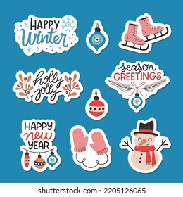 Cute winter sticker collection. Hand-drawn colorful stickers with winter decorative sentences and elements. Vector illustration. Set 2 of 2.