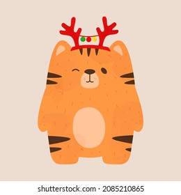 Cute winter style tiger, christmas celebrating clothes, happy new year symbol 2022