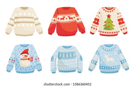 Cute Winter Sweaters with Different Prints Vector Set