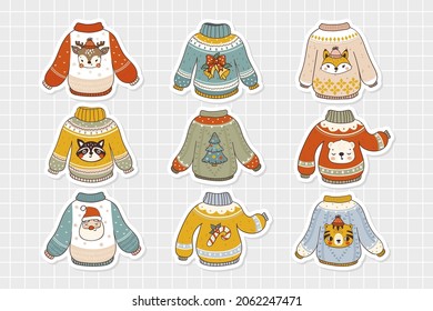 Cute winter sweaters stickers. Hand drawn illustrations for Christmas