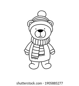Oso de peluche de invierno con sombrero, bufanda. Ilustración vectorial del contorno de doodle dibujado a mano. 