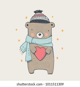 cute winter teddy bear,hand drawn vector illustration..Can be used for kids/babies shirt design, fashion print design,t-shirt, kids wear,textile design,celebration card/ greeting card, invitation card