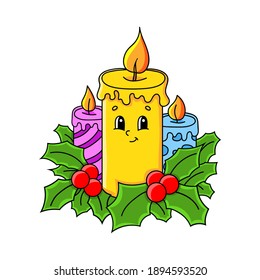 Cute winter theme candle character. Colorful vector illustration in cartoon style isolated on white background. Design template element for your design, books, stickers, cards, posters, clothes.