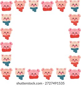Lindo tema de invierno marco de fotos frontera con la mano dibujado cerdo de dibujos animados usando bufanda