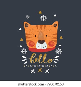 cute winter tiger.hand drawn vector illustration.can be used for kid's or baby's shirt design. fashion print design,fashion graphic, t-shirt, kids wear,tee