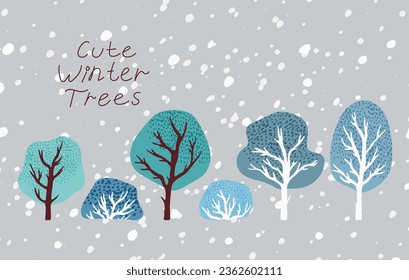 Cute Winter Trees with Bush and Snowfall Vector Background. Christmas Wintertime Nature Elements