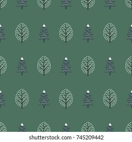 Cute winter trees seamless pattern. Happy New Year background. Vector design for winter holidays on green background. Print for textile, wallpaper, wrapping paper, fabric.