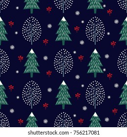 Cute winter trees seamless pattern on dark blue background. Vector design with xmas trees, snowflakes, berries for winter holidays. Print for textile, wallpaper, wrapping paper, fabric.