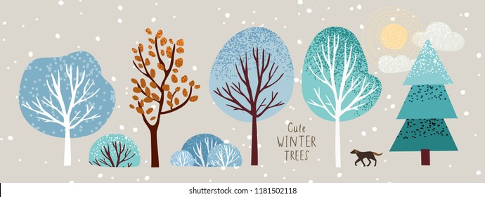 cute winter trees, vector isolated illustration of trees, leaves, fir trees, shrubs, sun, snow and clouds, New Year and Christmas objects and elements of nature to create a landscape