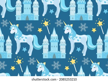 Cute winter unicorn princess seamless pattern, background. Christmas magical endless texture for little princesses. Vector.