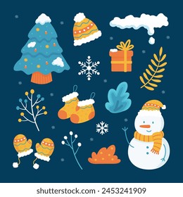 Cute winter vector illustration. Isolated elements set, collection of snowman, gift, christmas tree, cute winter hat, socks, hand gloves, snow, snowflakes, leaves. Flat cartoon design