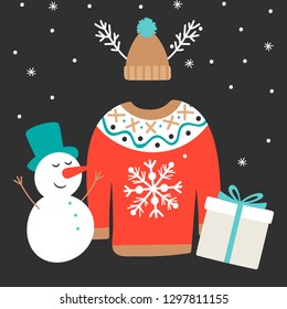 Cute winter vector illustration with warm sweater, hat, snowman and gift