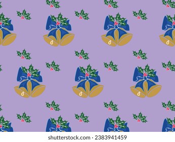 Cute winter vector seamless pattern with Christmas bells. Christmas seamless pattern with holly and bells. Seamless pattern from bells and tapes on the purple background