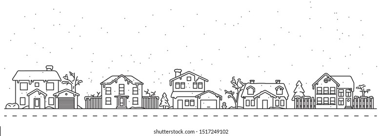 Cute winter village neighborhood vector line art illustration