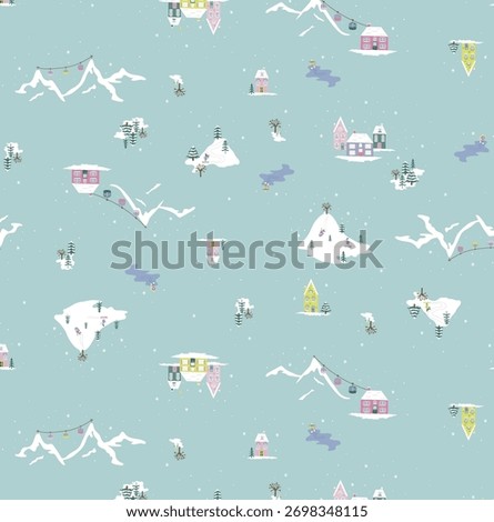 Cute Winter Village Seamless Pattern Vector - Snowy Ski Resort Holiday Repeat Print