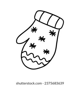 Cute winter warm cozy mitten with snowflakes. Accessory for hands. Black and white vector isolated illustration hand drawn doodle. Design element, card or icon. Seasonal garment