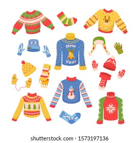 Cute winter warm knitted clothes set. Christmas sweaters with festive winter year ornaments. Winter clothes: hats, mittens, scarf, sweaters, socks cartoon vector illustration