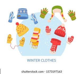 Cute winter warm knitted clothes set. Christmas sweaters with festive winter year ornaments. Winter clothes: hats, mittens, scarf, cartoon vector illustration