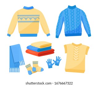 Cute winter warm knitted clothes set. Wool knitting winter clothes, knitting tools: hats, mittens, scarf, sweaters, socks, vest, jacket, knitted bag cartoon vector. Wool yarn, threads knit concept