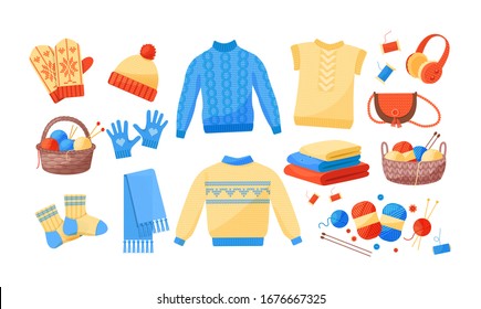 Cute winter warm knitted clothes set. Wool knitting winter clothes, knitting tools: hats, mittens, scarf, sweaters, socks, vest, jacket, knitted bag cartoon vector. Wool yarn, threads knit concept