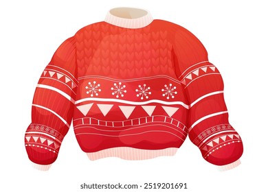 Bonito inverno quente malha suéter vermelho. Suéter de Natal com ornamento festivo de inverno. Saltador nórdico retro. 