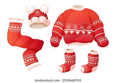 Cute winter warm knitted red sweater hat scarf and socks. Christmas clothes with festive traditional winter ornament. Nordic christmas retro. 