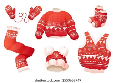 Cute winter warm knitted red sweater hat scarf and socks. Christmas clothes with festive traditional winter ornament. Nordic christmas retro. 