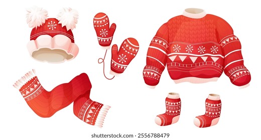 Cute winter warm knitted red sweater hat scarf and socks. Christmas clothes with festive traditional winter ornament. Nordic christmas retro. 