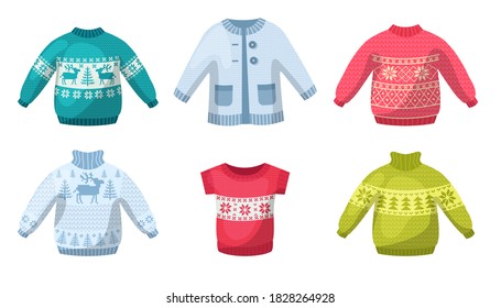 Cute Winter Warm Knitted Sweaters Set. Christmas Sweaters With Festive Winter Year Ornaments Deer, Snowman, Spruce Cartoon Vector Illustration. Wool Knitting Winter Clothes