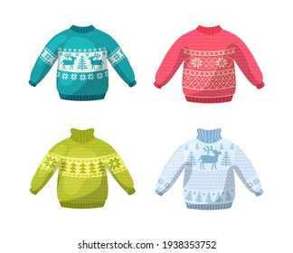 Cute winter warm knitted sweaters set. Christmas sweaters with festive winter year ornaments deer, snowman, spruce cartoon vector illustration. Wool knitting winter clothes