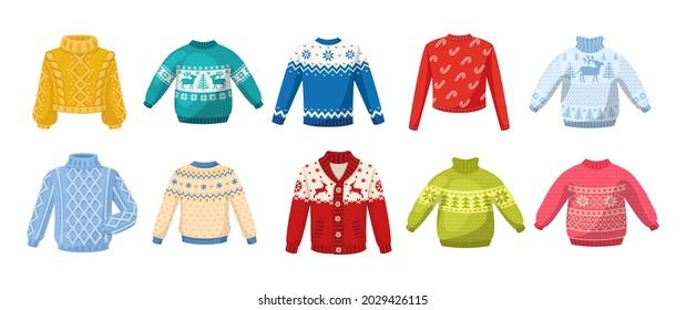 Cute winter warm knitted sweaters set. Christmas sweaters with festive winter year ornaments deer, snowman, spruce cartoon vector illustration. Wool knitting winter clothes